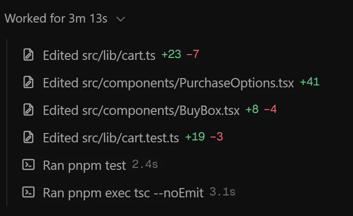 An expanded activity list: four edited files with their added and removed lines, then pnpm test and a TypeScript check.