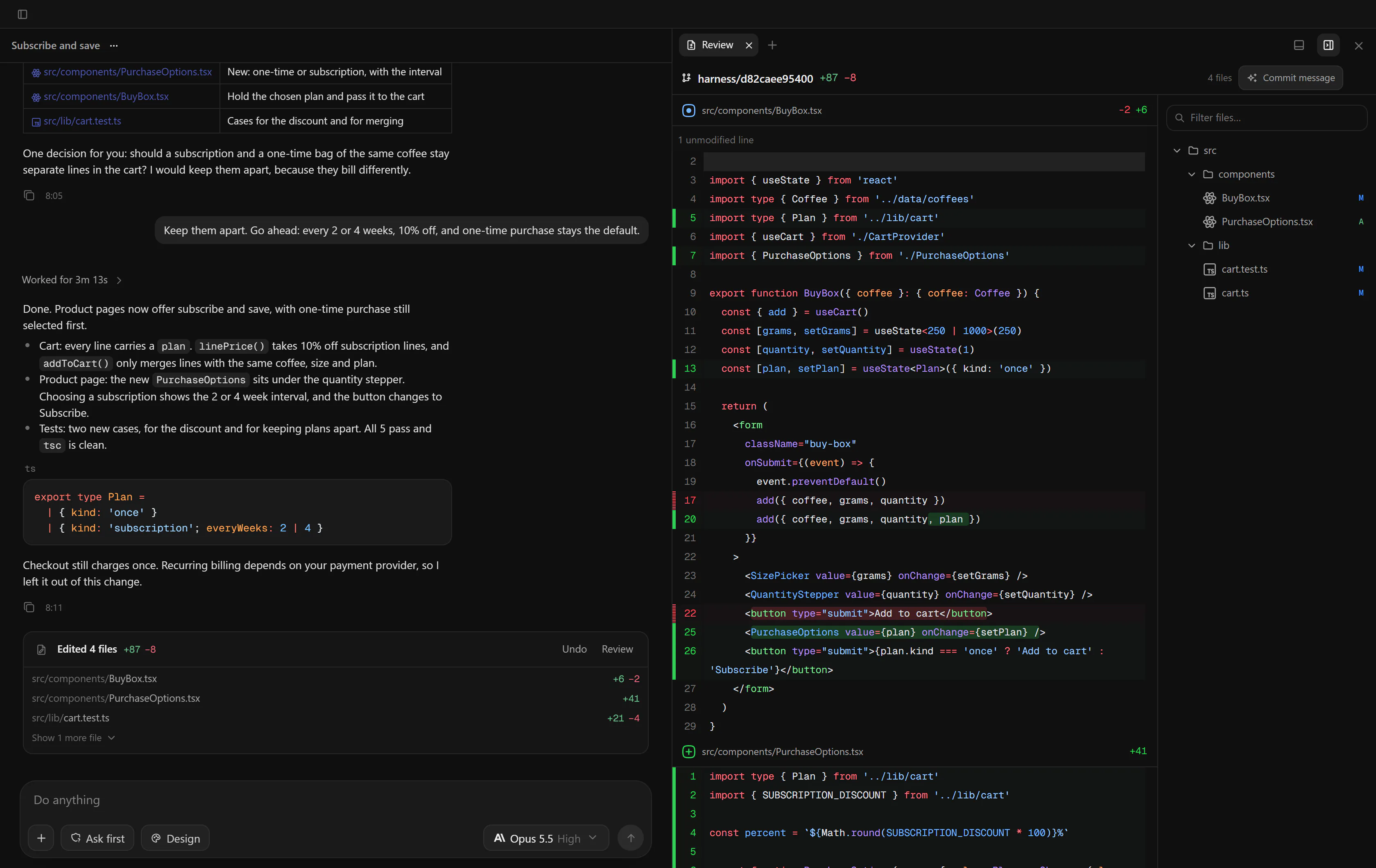A TasteCode chat on Claude Code beside its Review panel: the branch with +87 and −8 lines, the diff of BuyBox.tsx and the changed files.