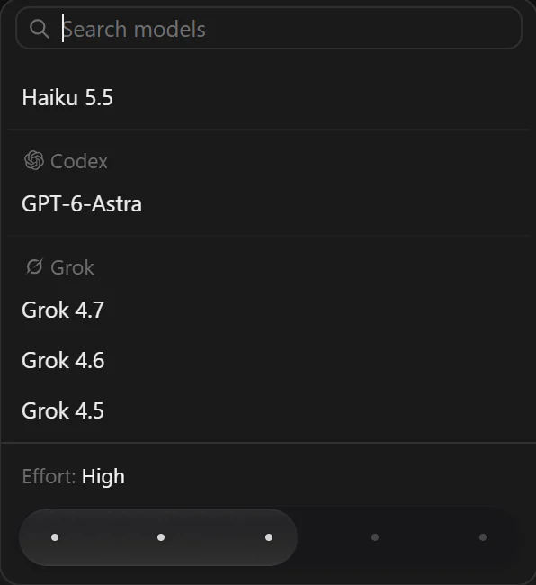The model picker listing Claude Code, Codex and Grok models, with the effort slider set to High.